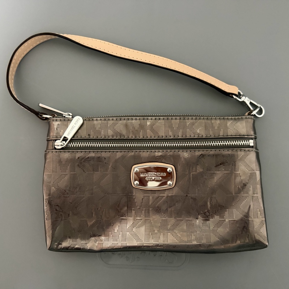 Michael Kors Metallic Bronze Logo Wristlet with Tan Strap